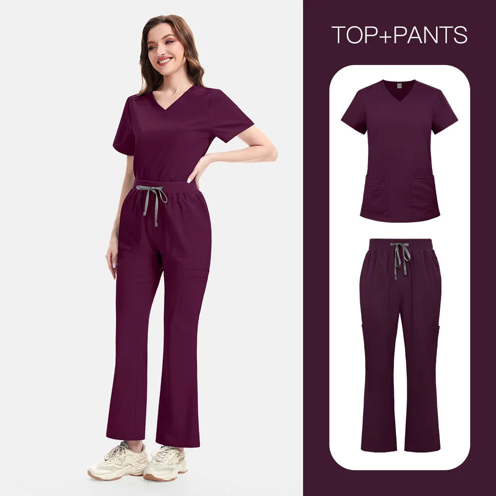 Wine Red Slim Fit Two-Piece Scrub Set